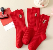 22年新年款儿童短袜男女童袜节日款红色精梳棉袜圣诞节中筒袜子