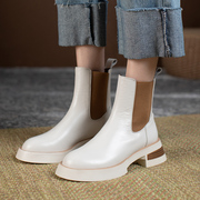 马丁靴2023年秋季粗跟女士短靴厚底松紧带短筒米白色真皮靴子