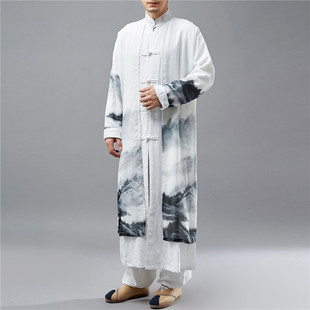 汉服男装薄款印花复古风衣长衫，男士仙气长袍，中国风假两件外套春秋