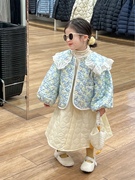 韩版女童蓝色碎花花边大翻领，加绒棉服泡泡，袖棉外套时髦保暖外套冬