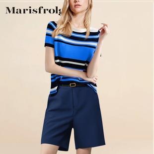 玛丝菲尔时尚休闲套装女夏季2024款条纹上衣短裤中裤子两件套