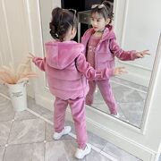 女童金丝绒套装加绒加厚秋冬装，2023时髦运动儿童装两三件套