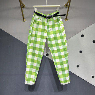 白绿色(白绿色)大格子牛仔长裤，女欧洲站，2024春季高腰显瘦萝卜哈伦裤潮