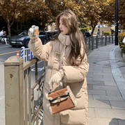 华夫格肌理感棉服，女冬季韩版宽松中长款粉色棉衣外套