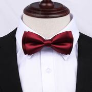 酒红光面上短下长领结正装，结婚男士酒红领结婚礼衬衫新郎蝴蝶结