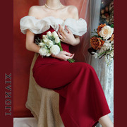 法式一字肩红色连衣裙女夏季赫本旗袍敬酒服新娘结婚回门订婚礼服