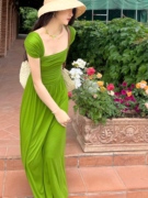 乔与乔伊 青芥末 修身绿色针织长裙显瘦气质度假风连衣裙芭蕾风