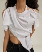 Y/Project2023设计师品牌春夏白色有机棉简约抽绳露肩短袖T恤宽松