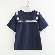 梦箱子2023夏日系减龄娃娃衫围兜海军领套头短袖宽松纯色衬衫