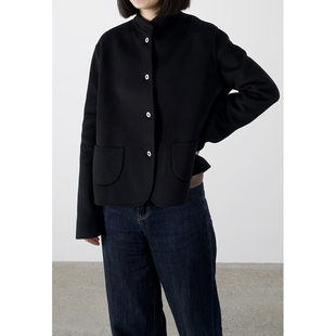 FAREWELL/新中式短外套 黑色超细手工羊绒呢外套民国风大衣小个子