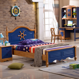 全实木儿童床男孩蓝色地中海单双人床青少年简约卧室组合套房家具
