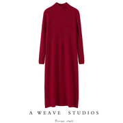 绒暖斯特长裙金线红色高领羊绒连衣裙女冬羊绒衫中长款毛衣