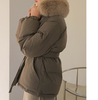 气质毛领棉服韩国2023冬女装，时尚修身系，腰带厚实保暖棉衣外套