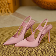 粉色尖头高跟鞋女生细高跟气质穆勒单鞋法式细跟优雅包头凉鞋
