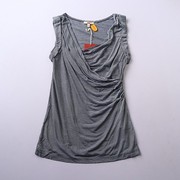 欧美夏季女士褶皱V领无袖莫代尔针织T恤 时尚微弹套头衫A01