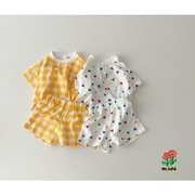 韩版婴幼儿清爽舒服短袖套装ins风夏季爱心格子休闲T恤短裤两件套