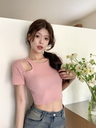 2024夏季韩版时尚镂空设计感t恤潮修身百搭露肚脐短袖上衣女