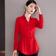 红色雪纺衬衫女春装，2024长袖收腰妈妈，上衣设计感宽松洋气衬衣