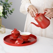 龙凤呈祥新人改口敬茶杯，结婚茶壶套装婚礼喜杯红色，婚庆敬茶碗四个