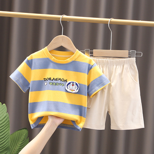 童装男童夏装小男孩帅气条纹短袖两件套装，1一2-3-4岁宝宝夏季衣服