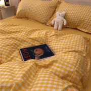 简约日系奶油黄格子(黄格子，)床上四件套气质条纹，被套学生宿舍床单三件套