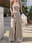 韩国chic夏季法式设计感后背镂空高腰显瘦一字肩吊带连体裤长裤女