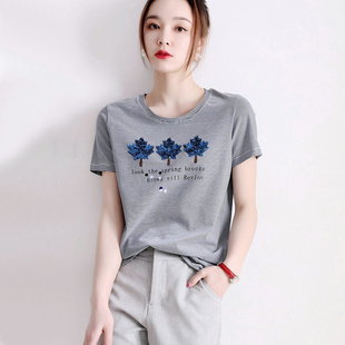 条纹T恤女夏季日系简约灰色纯棉短袖圆领气质亮片设计感上衣