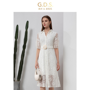 GDS澳洲度假风高端蕾丝连衣裙奢华大牌高级感清纯白色绣花中长裙