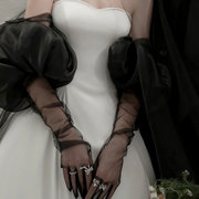 黑色网纱泡泡袖长款礼服手套拍照造型款婚纱全指手套遮手臂袖子
