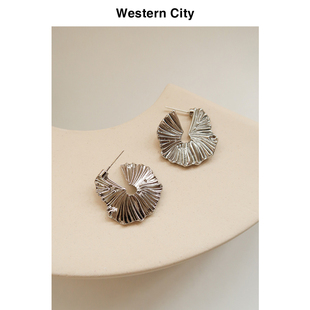 Western City 褶皱银耳环 波西米亚裙摆耳饰唯美几何冷淡风耳钉女