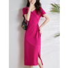 玫红色2023连衣裙长款女夏季系带，收腰显瘦气质v领高级感裙子