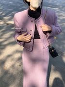 气质紫色小香风名媛高级感套装裙春季泡泡袖外套半身裙ins风