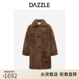 DAZZLE地素奥莱卡其色休闲翻领中长款保暖毛呢外套毛绒外套女