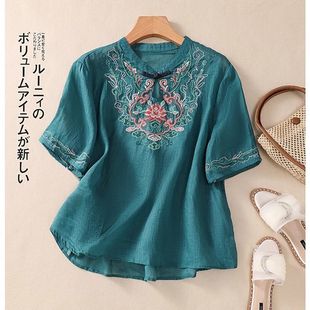 新中式国风刺绣棉麻短袖衬衫，女夏装时尚，妈妈立领盘扣旗袍薄款上衣