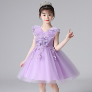 花童装婚纱夏季女网纱蓬蓬裙子公主紫色礼服，儿童公主裙女孩子