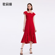 歌莉娅红色中式蕾丝连衣裙高级感夏装女露肩法式气质女1B5R4K3X0