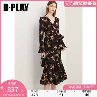 dplay2024春日碎花裙黑色碎花连衣裙，茶歇法式连衣裙v领印花长裙女