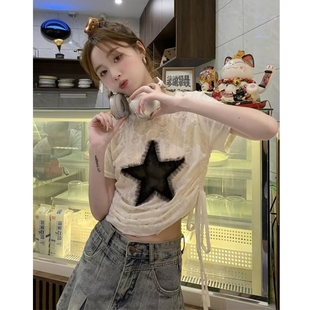 小众设计感星星短袖T恤女2024夏季美式复古辣妹抽绳上衣潮