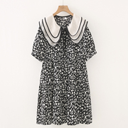 夏装韩版时尚气质长裙设计感荷叶领系带，碎花大码雪纺连衣裙
