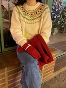 韩国复古圣诞甜美立体球球毛衣女，设计感提花，圆领减龄针织衫上衣女