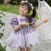 女童蕾丝公主裙女孩西班牙泡泡袖连衣裙儿童生日，礼服裙紫色花