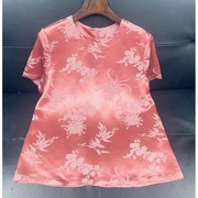 高端复古真丝冠乐绉植物花卉，提花圆领短袖，t恤女轻薄优雅粉色上衣