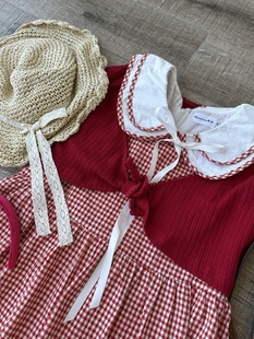 红色格子裙子女，夏季2023娃娃领收腰初恋短裙，小个子连衣裙女