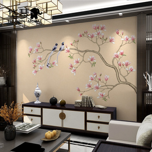 新中式玉兰花鸟电视背景墙壁纸刺绣客厅沙发卧室书房墙纸壁画墙布