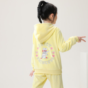 2023春秋女大童，女孩宝宝休闲黄色，天鹅绒套装时髦印花两件套