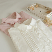 竖条风琴褶~春装文艺小清新翻领白色纯棉长袖衬衫女粉色衬衣