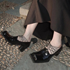 小众设计感方头浅口单鞋2024年欧美包头粗跟绑带玛丽珍高跟鞋