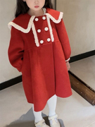 韩版童装女童红色双排扣呢子大衣冬季儿童洋气拼色翻领外套潮