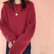 套头毛衣女秋季韩国复古慵懒宽松显瘦毛绒加厚圆领红色打底针织衫
