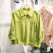 大版型宽松上衣抽绳设计感小众短袖衬衫，女夏季纯色法式轻熟风衬衣